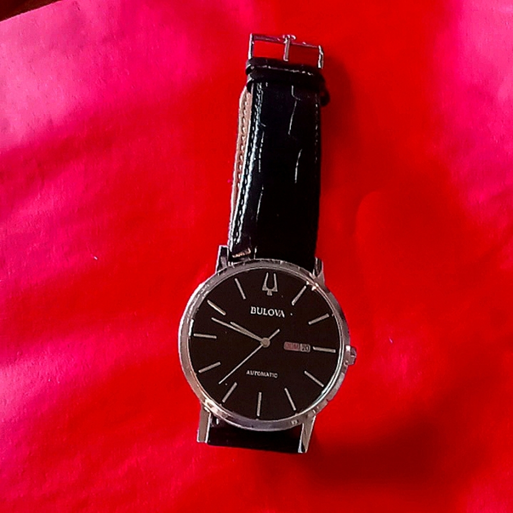 Men's Bulova Automatic Black Dial Leather Watch